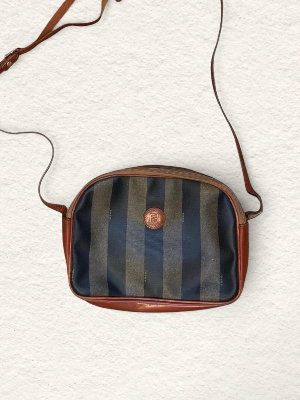 Vintage Fendi Pequin Crossbody Bag: Brown Stripe Camera Bag Made in Italy